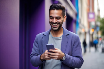 man with phone on purple background. AI Generated - obrazy, fototapety, plakaty