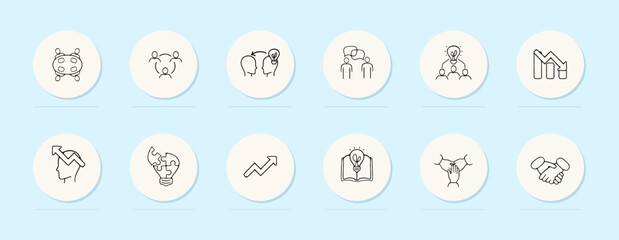 Business concept line icon. Brand development, idea exchange, book, light bulb, person. Pastel color background. Vector line icon