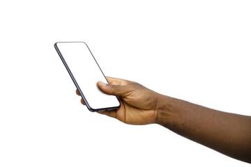Black hand holding phone isolated on white background. blank screen, phone screen mockup, clipping...