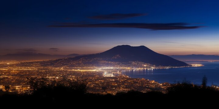 Panorama of Mount Vesuvius at night with city lights of Naples city, Italy, Generative AI