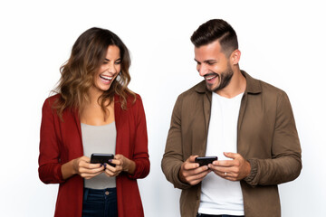 woman and man with phone on white background. AI Generated