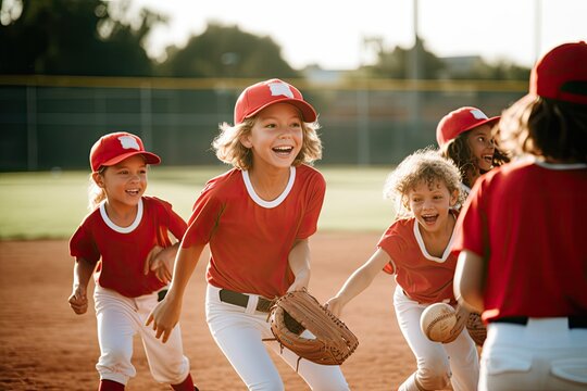 Elementary age children playing co-ed baseball, coaches, ballfield, uniforms, caps, teammates, little league. Photo generative AI