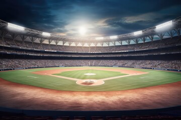 Professional Baseball Stadium: Large Softball Stadium, Bases, Fans. Photo generative AI - obrazy, fototapety, plakaty