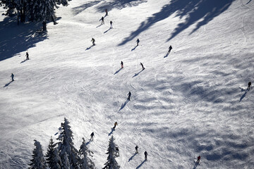 Aerial view of winter sportsmen with ski and snowboard. White snow slope on the mountain. People...