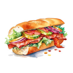 Generative AI : Baguette Ham Sandwich with Cheese, Artfully Captured in Watercolor Splash