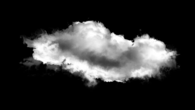 4k cloud loop. fast billowing cloud isolated on black background alpha, light rays shining, Steam, Transition, Smoke, Storm, Weather, Nature, Rain, Cloudscape, Heaven, isolated, air, summer, fog