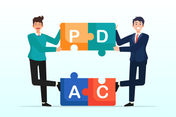 Businessman coworker help complete jigsaw puzzle loop with alphabets PDCA, PDCA cycle to manage working process for continuous improvement and get better work quality, Plan, Do, Check and Act (Vector)