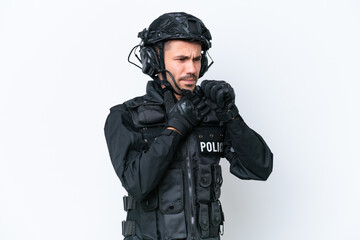 Young caucasian SWAT man isolated on white background is suffering with cough and feeling bad