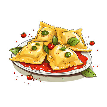 ravioli plate with tomato sauce and basil clip art preview