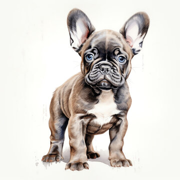 Generative AI : Adorable Watercolor French Bulldog: Cute Baby on White