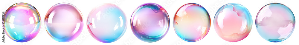 Wall mural set of realistic transparent colorful soap bubbles with rainbow reflection isolated on transparent b