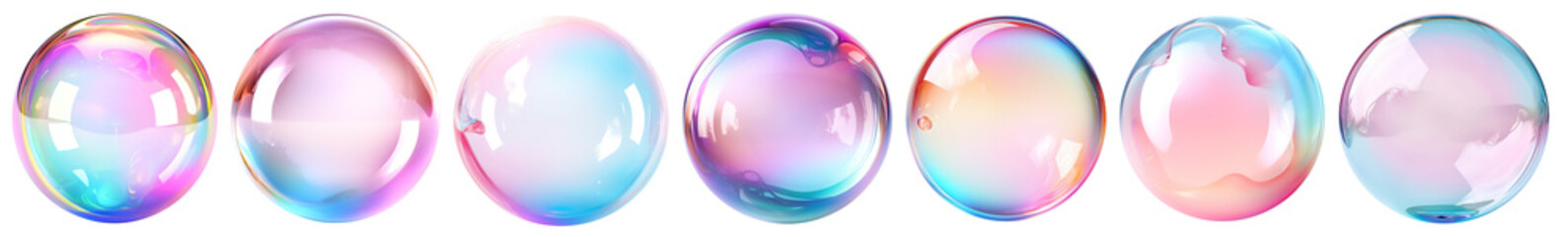 Set of realistic transparent colorful soap bubbles with rainbow reflection isolated on transparent background - obrazy, fototapety, plakaty