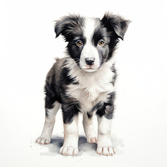 Generative AI : Adorable Watercolor Border Collie dog on White background