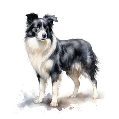 Generative AI : Adorable Watercolor Border Collie dog on White background