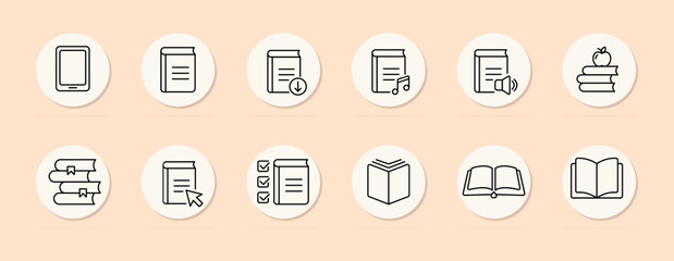 Books line icon. Music, ticks, tablet, loading, speaker, apple, stack of books. Pastel color background. Vector line icon