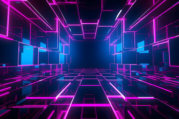 A futuristic abstract background with sleek and metallic elements arranged in a grid-like pattern, featuring reflective surfaces and neon accents. Generative AI