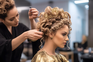 A hairdresser creating an elaborate updo for a special occasion, showcasing their skill in intricate hairstyling. Generative AI
