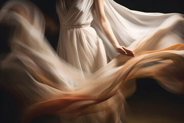 Abstract motion blur photograph of a dancer twirling with flowing fabric, creating a sense of movement and elegance. Generative AI