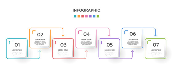 Business infographic thin line process with square template 7 options or steps to success. Business Presentation. Vector illustration.