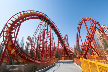 Wide-angle perspective of a roller coaster's steep drop, capturing the thrill and exhilaration of the ride. Generative AI