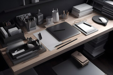 work desk with a laptop and writing tools, 3d rendering, isometric view. Generative AI