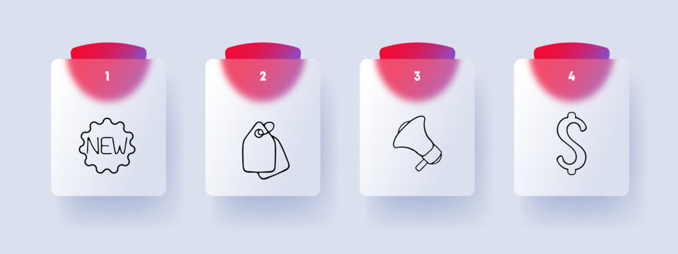 New products line icon. Dollar, novelty, tag, loudspeaker, dollar, announcement. Glassmorphism style. Vector line icon for Business
