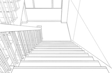 漫画風ペン画イラスト　学校_階段