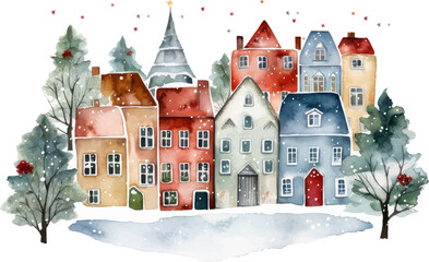watercolor winter cute town landscape background  vector illustration - obrazy, fototapety, plakaty