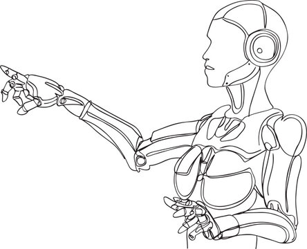 One-Line Cartoon: Female Robot in Dynamic Action, Continuous Line Cartoon: Active Female Robot in Motion, Futuristic Female Robot