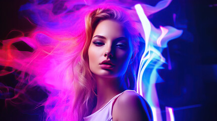 Fototapeta premium model in pink and blue light, futuristic fashion ai illustration 