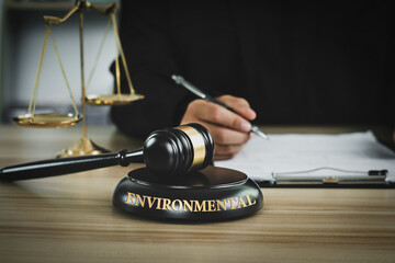 wooden gavel with a golden scale and business man. Concept. Global environmental regulation law and...
