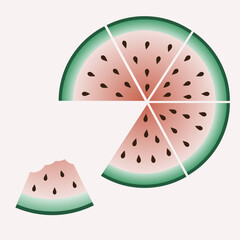Red watermelon piece with bite. Sliced cocktail water melon fruit vector set.