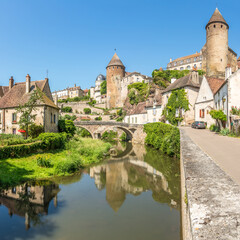 View at the Bastions of Fortification with Armancon river in the streets of Semur en Auxois - France