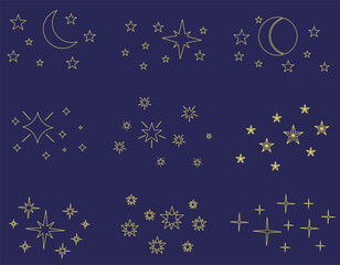 A set of stars in the sky on a blue background in a thin line. Magic space sky, abstract ornament.