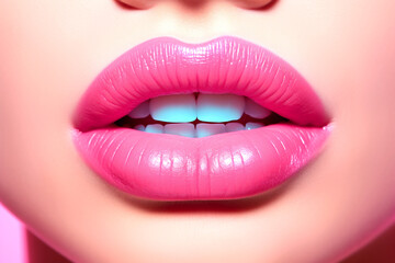 Obraz premium Beautiful young woman's lips closeup, pastel pink color. Glance Fashion art, art design. Trendy concept of cosmetic products. Generative Ai content.