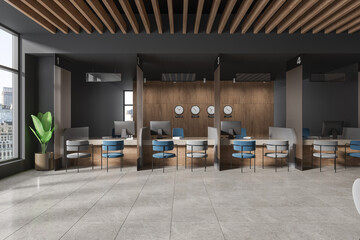 Gray and wooden bank interior with teller counters - obrazy, fototapety, plakaty