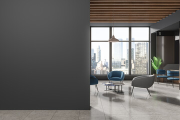Gray bank waiting room interior with armchairs and blank wall