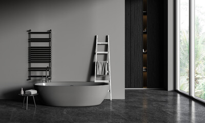 Gray bathroom interior with tub and shelves