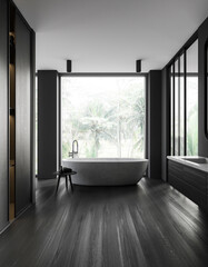 Gray bathroom interior with tub and closet