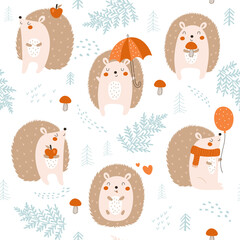 Forest seamless pattern with cute hedgehog. Hand drawn vector illustration. - 626181215