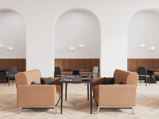 Minimalist restaurant interior with couch and seats, eating zone with furniture