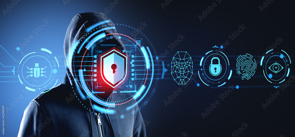 Poster hacker attack system, cybersecurity hologram and protective shield icon