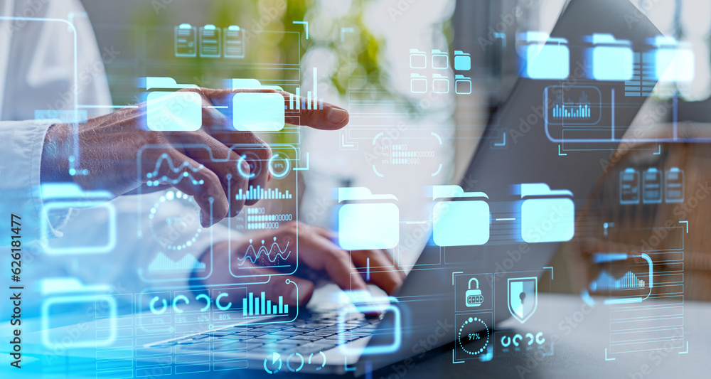 Poster man hands with laptop using dms interface in office
