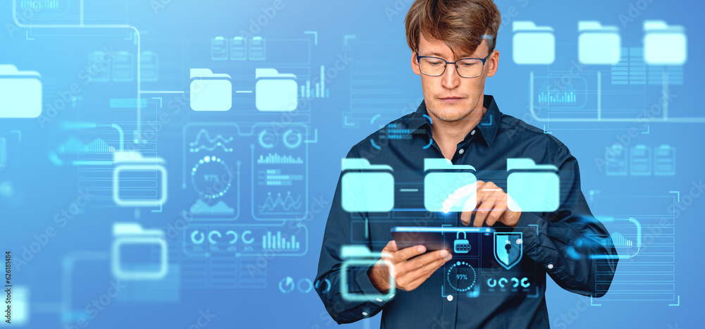 Poster man with tablet using dms interface