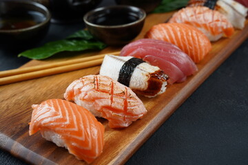 Japanese traditional Cuisine - Set of Nigiri sushi topped with  sake(Salmon), Maguro (Tuna), Unagi(Freshwater Eel)