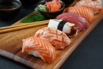 Japanese traditional Cuisine - Set of Nigiri sushi topped with  sake(Salmon), Maguro (Tuna), Unagi(Freshwater Eel)