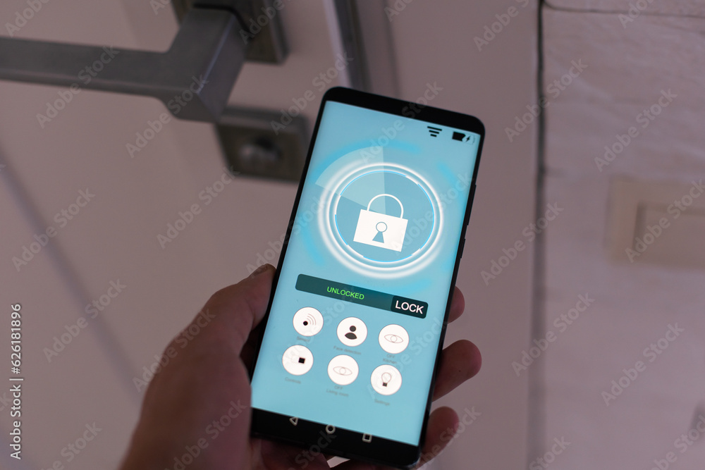 Poster locking door using mobile application.