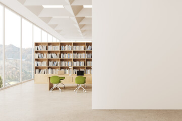 White public library reading room interior with table and blank wall