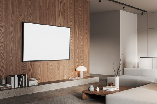 Cozy home living room interior with couch and mockup tv screen with decoration