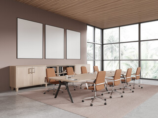 Beige office workspace interior with board and sideboard, window. Mockup frames